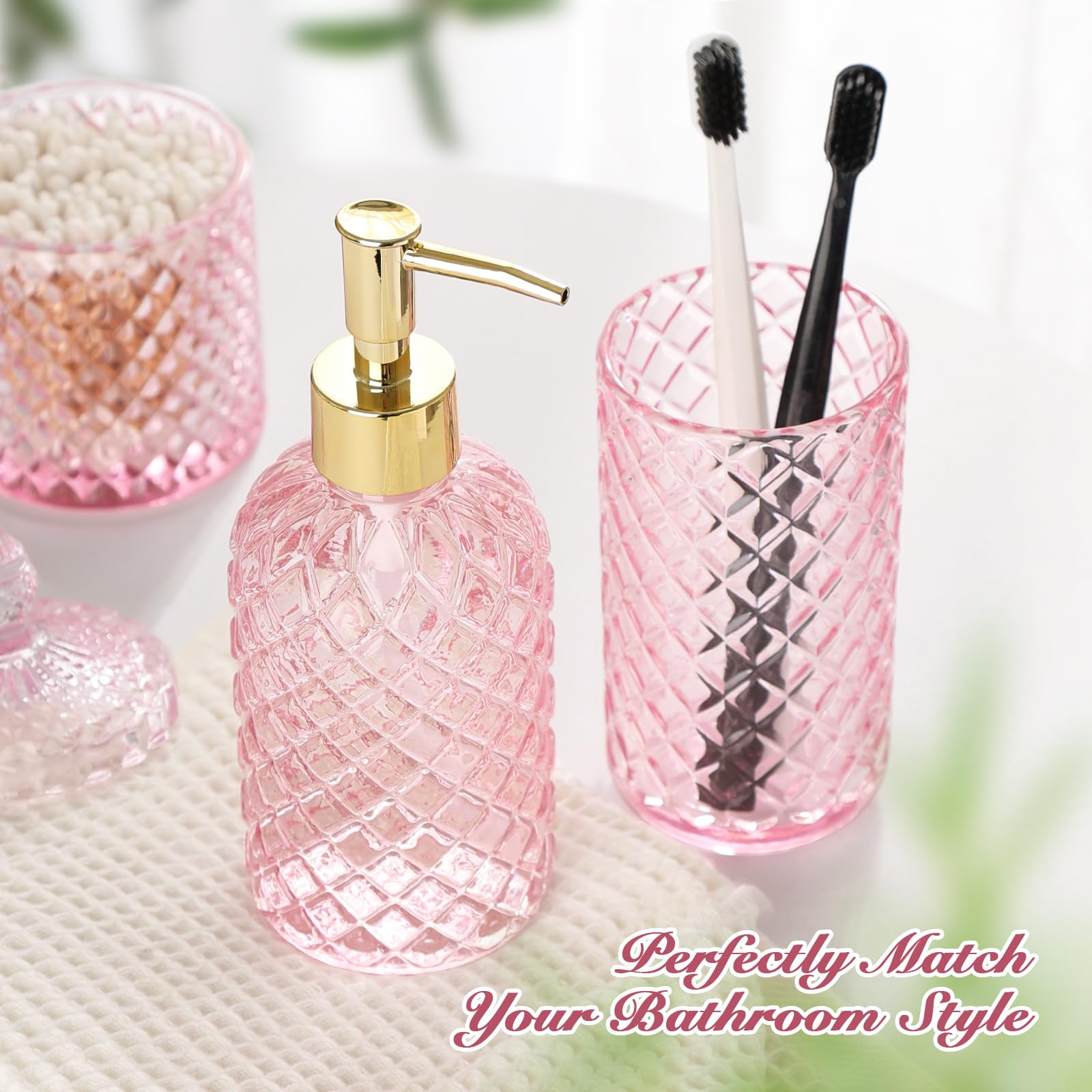 RYTOXILO Set di accessori da bagno rosa, confezione da 4 pezzi, set completo di accessori per la decorazione del bagno, dispenser di sapone in vetro diamantato e portaspazzolino, set per organizer da