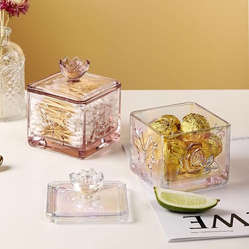 Miniatura 5 de WHJY Lindo tarro de cristal vintage para dulces con tapa, tarro de cristal iridiscente para escritorio de oficina, platos de caramelo rosa para bufé