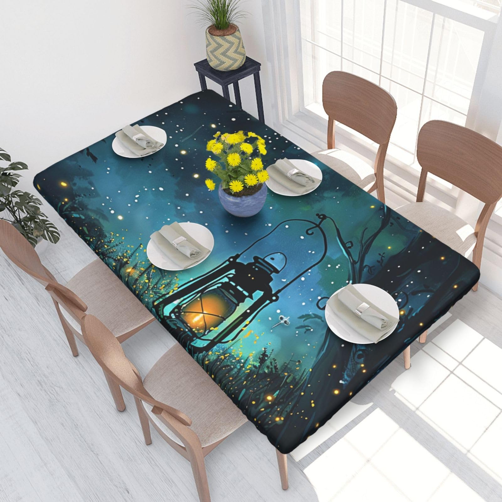 DCARSETCV Fireflies and Lantern Printed 4FT Waterproof Tablecloth with Elastic Edged Protect & Decor Your Table, Oil-proof Washable Table Cloth Cover for Dinner Picnic Party