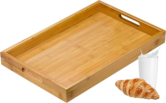 Winfred Natural Bamboo Fibre Tray for Serving - Eco-Friendly and Durable, Tray with Handles and Raised Edges - for Serving Coffee, Tea, Breakfast (Rectangle)
