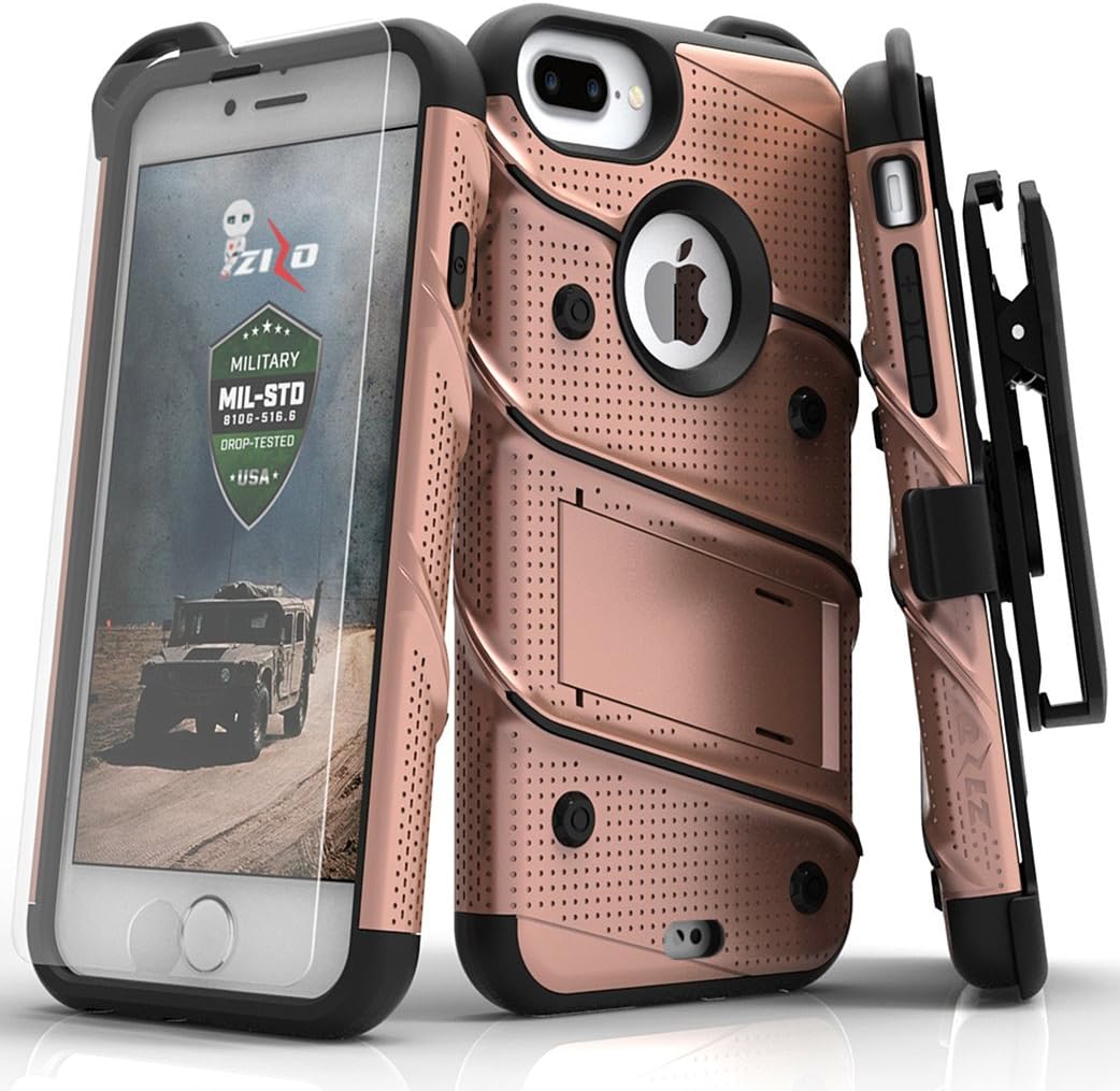 ZIZO Bolt Series iPhone 8 Plus Case Military Grade Drop Tested Tempered Glass Screen Protector Holster iPhone 7 Plus case Rose Gold