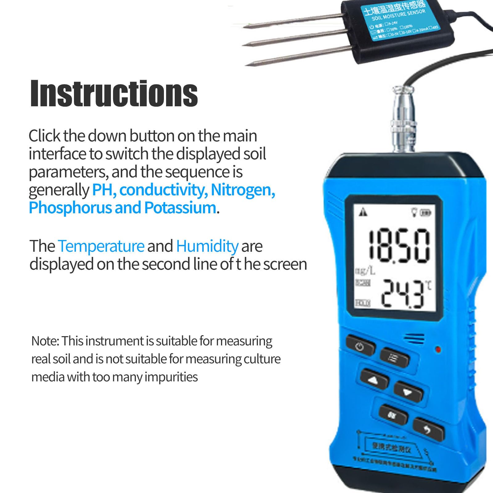 Cyfrowy tester gleby, czujnik temperatury wilgoci NPK PH 7 w 1 z podświetlanym wyświetlaczem LCD, niezbędny zestaw ogrodowy do trawnika, gospodarstwa, do pielęgnacji roślin wewnątrz i na zewnątrz