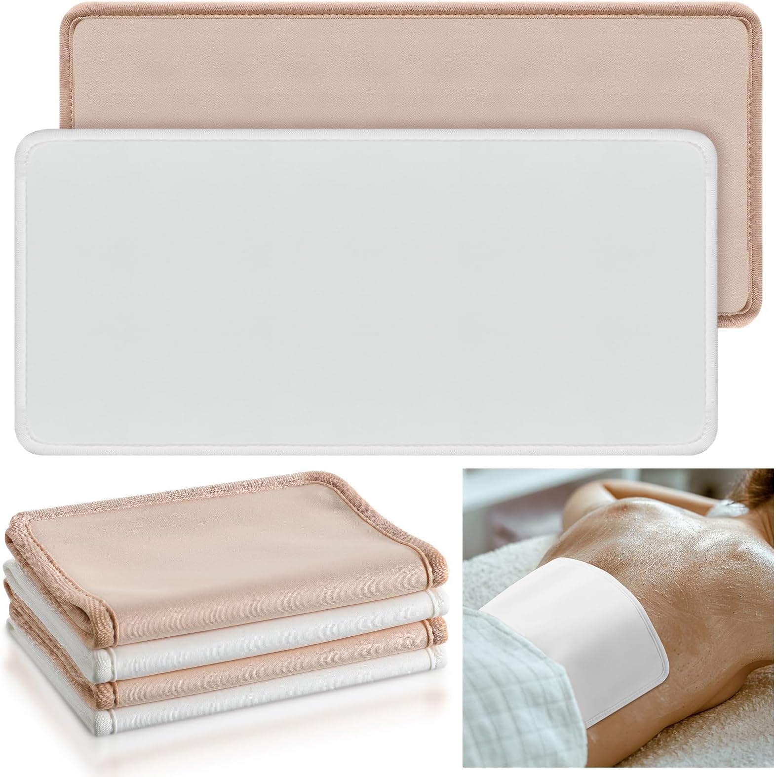 Excefore 4 Pcs Cotton Flannel for Castor Oil Pack, Less Mess Made of Unbleached Organic Cotton Flannel Reusable Soothing Heat Compress for Liver, Abdomen, Joints, Highly Absorbent, White, Khaki