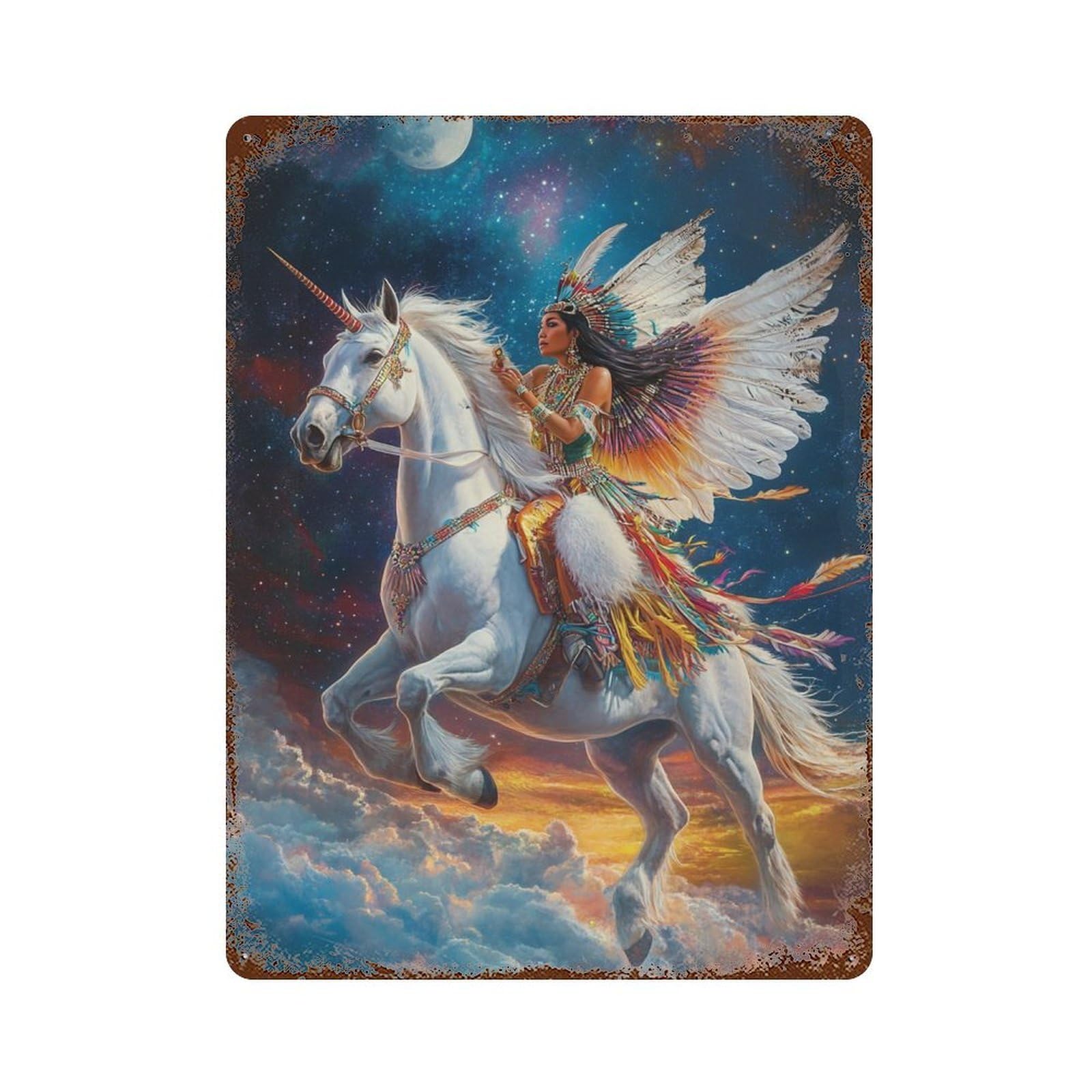 Fantasy Unicorn Ride in Sky Retro Metal Sign 15.7"x11.8", Novelty Wall Decor for Garage, Pub Or Kitchen
