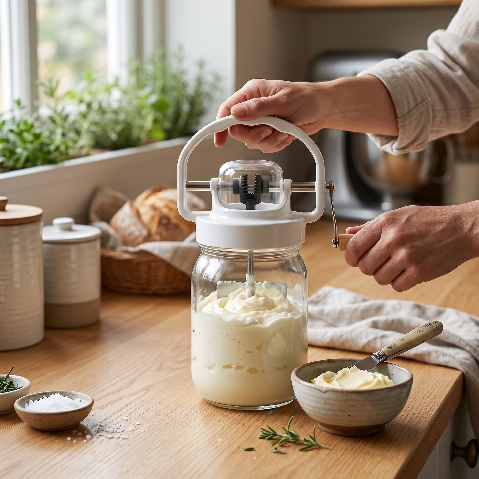 ASHATA Mantequilla Manual de 1500 Ml con Tarro de Cristal para Mantequilla Casera y Herramienta de Cocina Más Segura