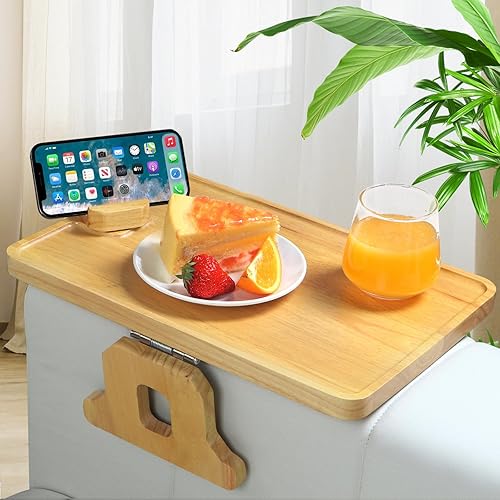 Mesa de madera con clip para el brazo del sofá, bandeja grande para reposabrazos de sofá de 15 x 9.8 pulgadas, para comer, bebidas, control remoto,