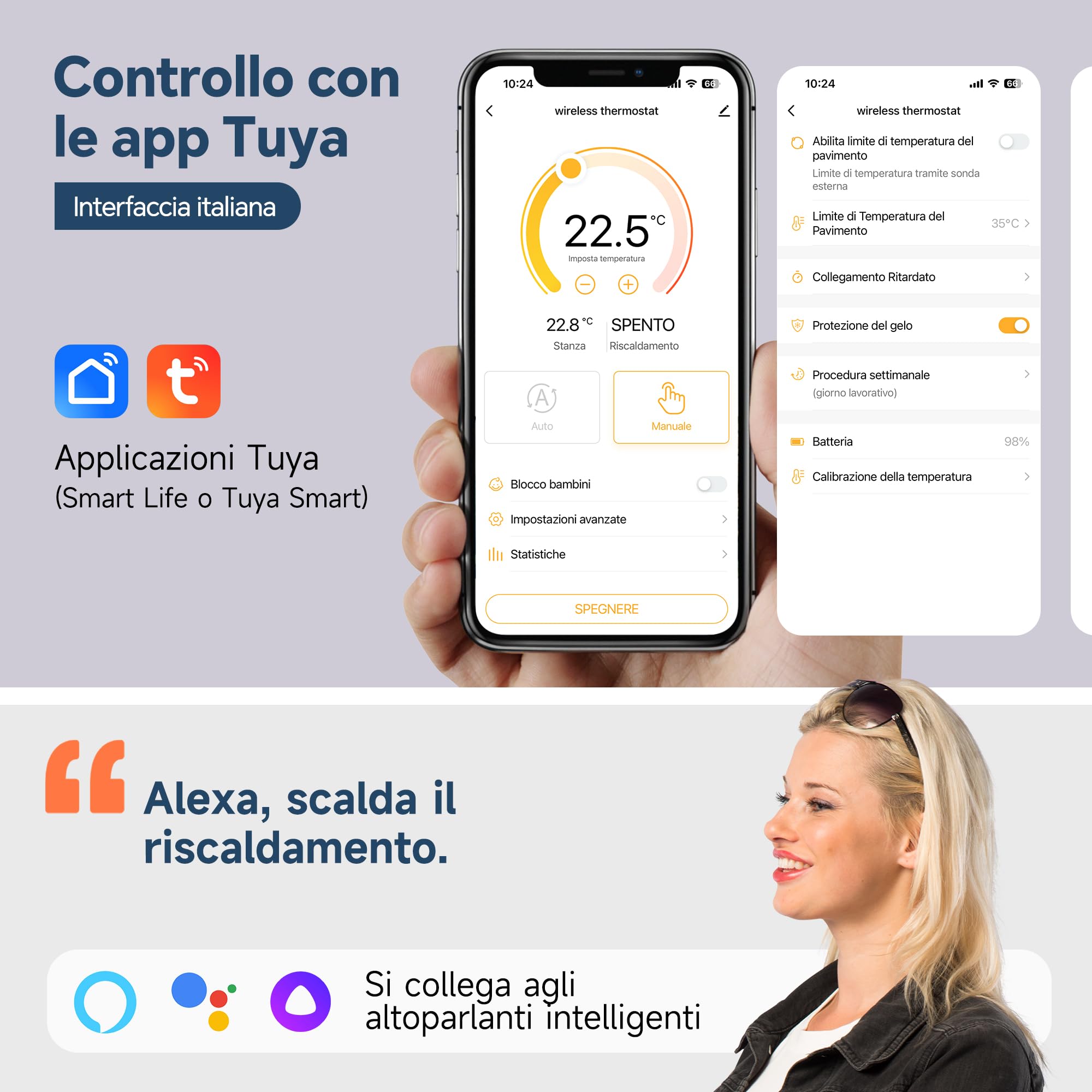 Termostato WiFi per Caldaia a Gas, Cronotermostato Programmabile Settimanale, Digitale Intelligente a Batteria, Compatibile con Alexa e Google Assistant - Controllo Tuya