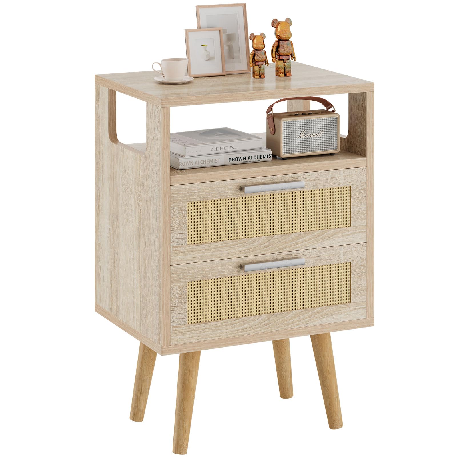 YMYNY Mesita de Noche de Ratán, Mesa Auxiliar, Mesa de café, Mesilla de Noche con 2 Cajónes, Comoda Boho, Piernas de Madera Maciza, 39x29x59 cm, para Dormitorio, Oficina, Salón, Natural HST015N