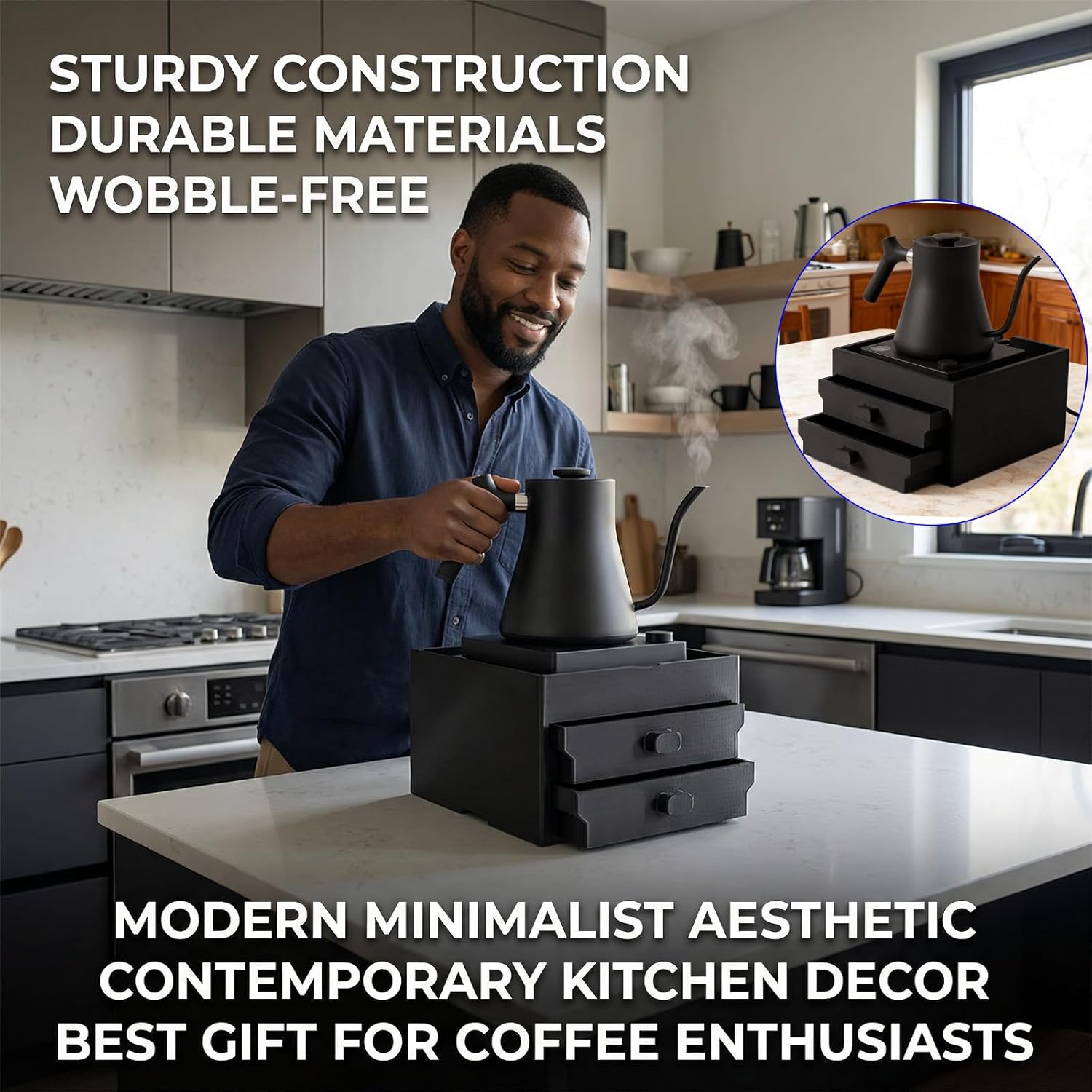 Coffee Brewer Organizer for Intasting Electric Kettle,Two-tier design with elevated kettle platform and pull-out Two-tier storage drawer，Elevated Pour Over Coffee Maker Holder for Beans, Tea & Accessories