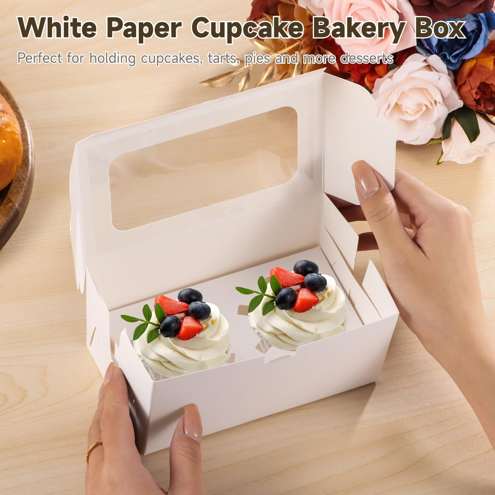 50 White Paper Cupcake Boxes with Clear Windows, Dual Tray Design for Safe Transport, Ideal for Baked Goods, Pastry & Dessert Packaging