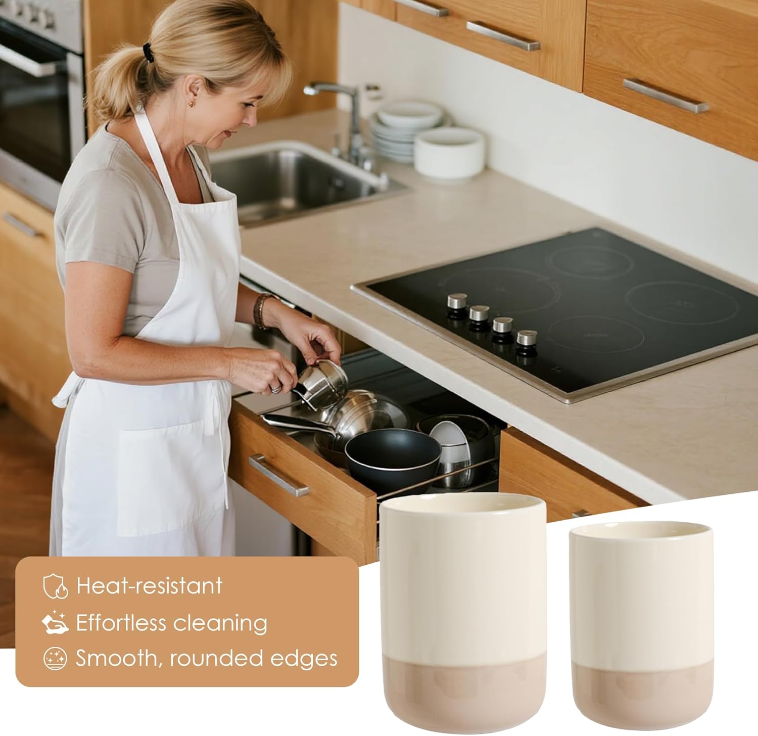 Ceramic Utensil Holder Set, 6.3''+5.3'' Cooking Utensil Crocks for Kitchen Counter, Modern Design Cooking Tool Organizer Set of 2, 800ml+1300ml Ideal for Spatula, Cutlery, Makeup, Flower Vase