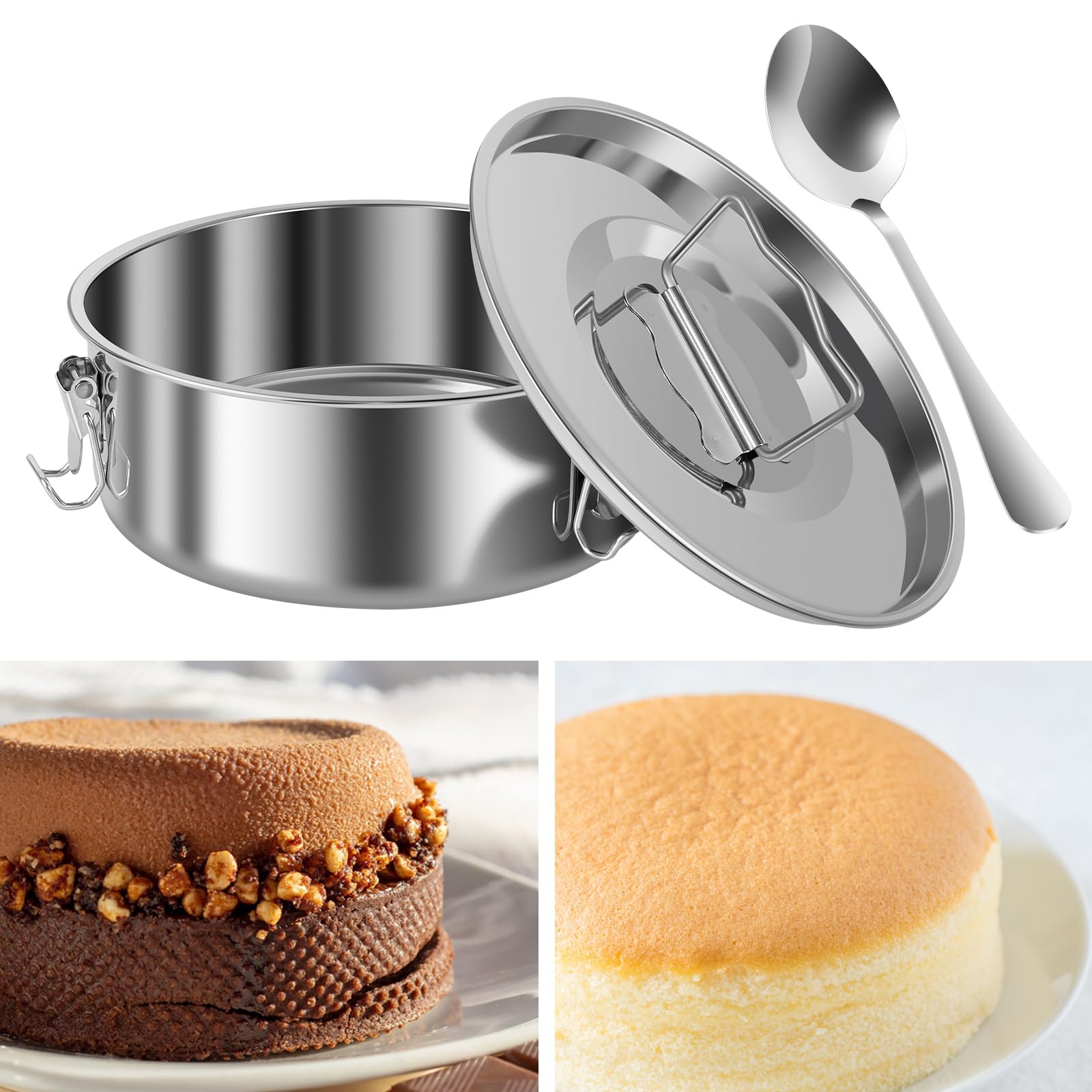 Molde de flan de acero inoxidable con tapa, 1.5 cuartos de galón, moldes de flan con cuchara de 7.5 x 7.5 x 3 pulgadas con asa, moldes de flanera redondos multifuncionales para hornear