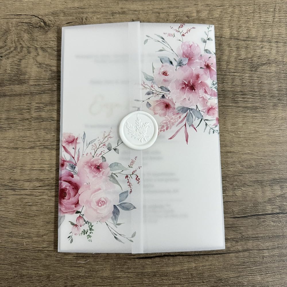LNNXSZ Vellum Jackets PINK flower Vellum Wrap suitable for a 5 x 7 Wedding Invitation (Size : 20pcs)