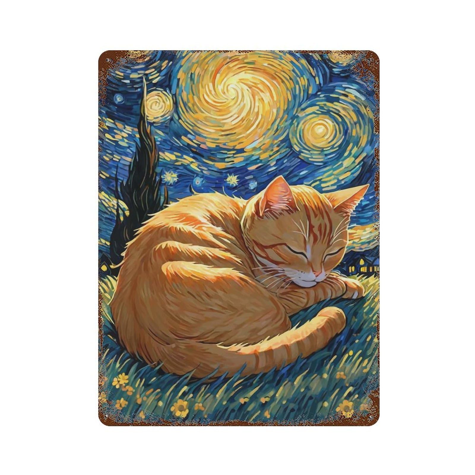 Orange Tabby Cat Sleeping in Starry Night 15.7"x11.8" Rustic Tin Plaque, Farmhouse Wall Decor for Basement, Hobby Room And Garage Decor