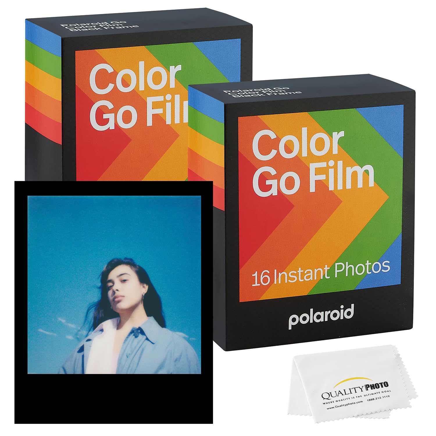 Polaroid Go - Película de color, marco negro + paño de microfibra de calidad (compatible con cámaras Polaroid Go) (paquete de 2 (32 películas))