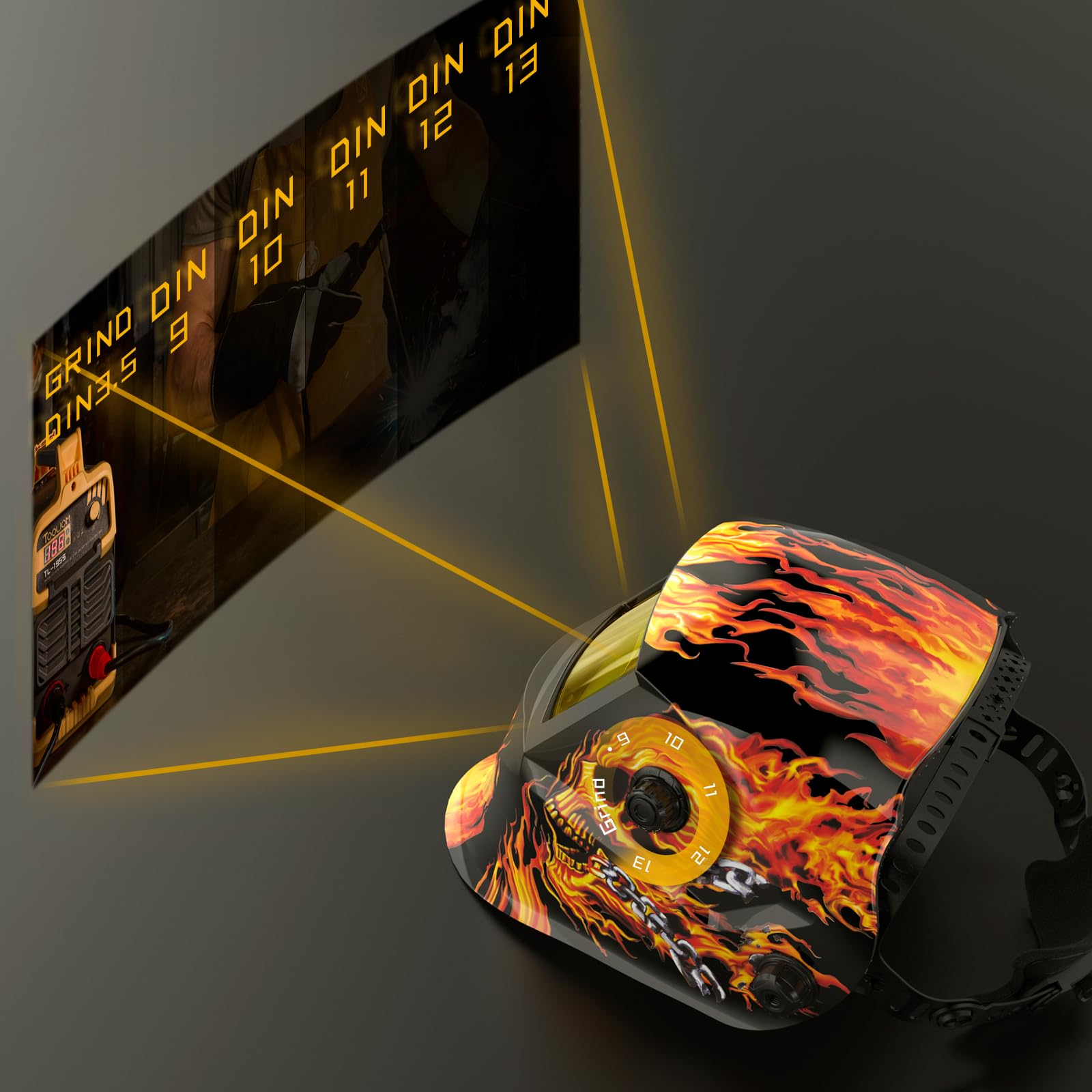 TOOLIOM Casque de soudage à Couleur véritable Masque de soudage Auto-obscurcissant avec Une Gamme d'ombres de 9-13 Capuchon de soudage à Alimentation Solaire Style crâne Flamboyant pour TIG MIG Arc