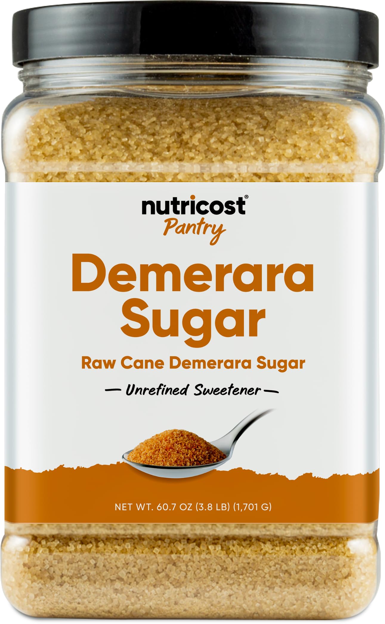 Nutricost Sucre Demerara non raffiné (bouteille de 1,​8 kg) : idéal pour la cuisson, le thé, le café, etc. | Sucre Demerara de canne brut (turbinado) sans additifs