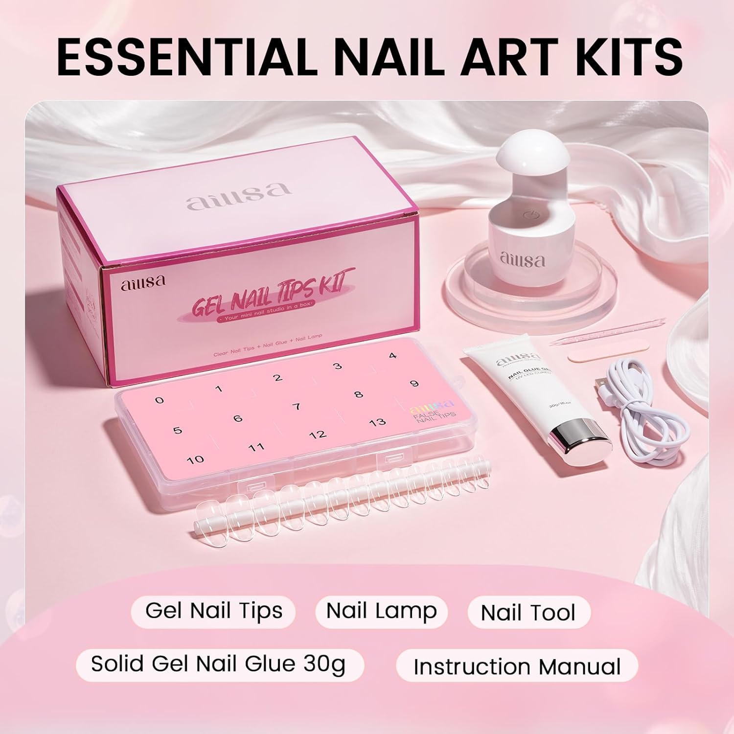 AILLSA Gel Nail Kit Medium Oval Nail Tips 224pcs, Solid Gel Nail Glue 30g for Acrylic Fake Nails, Gel Full Nail with Nail Lamp