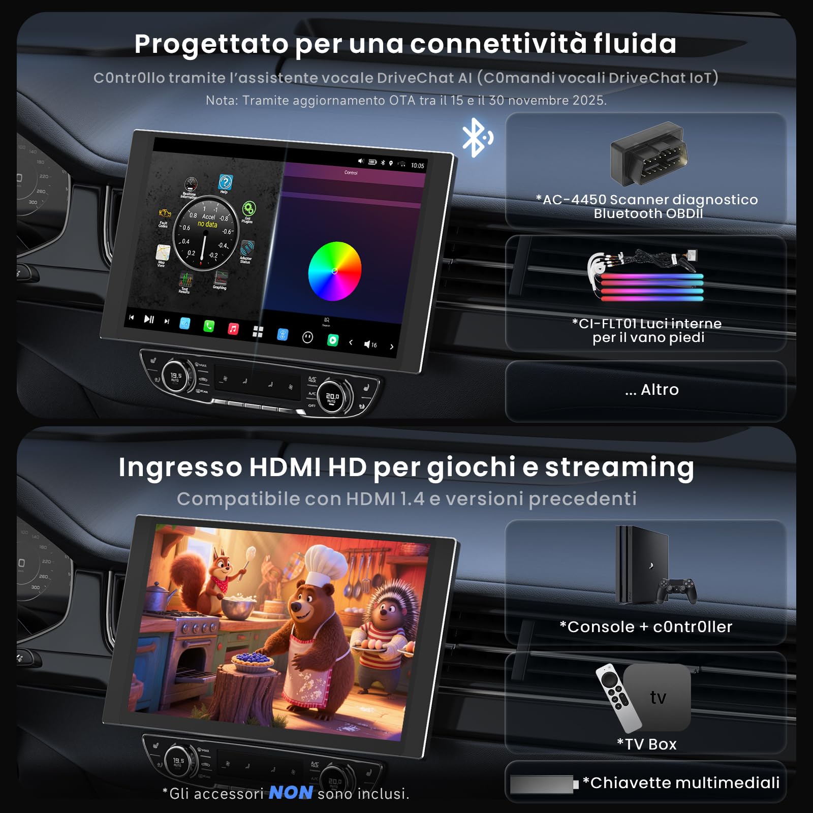 [12.5" QLED con LED laterali] ATOTOZONE X10 Autoradio Android, Display Flottante, Single/Double DIN, DVR Dual-Cam, AI Vision, LiveView da remoto, Audio 7.1.2, RCA 4V, HDMI IN, 8G+128G, 4G LTE