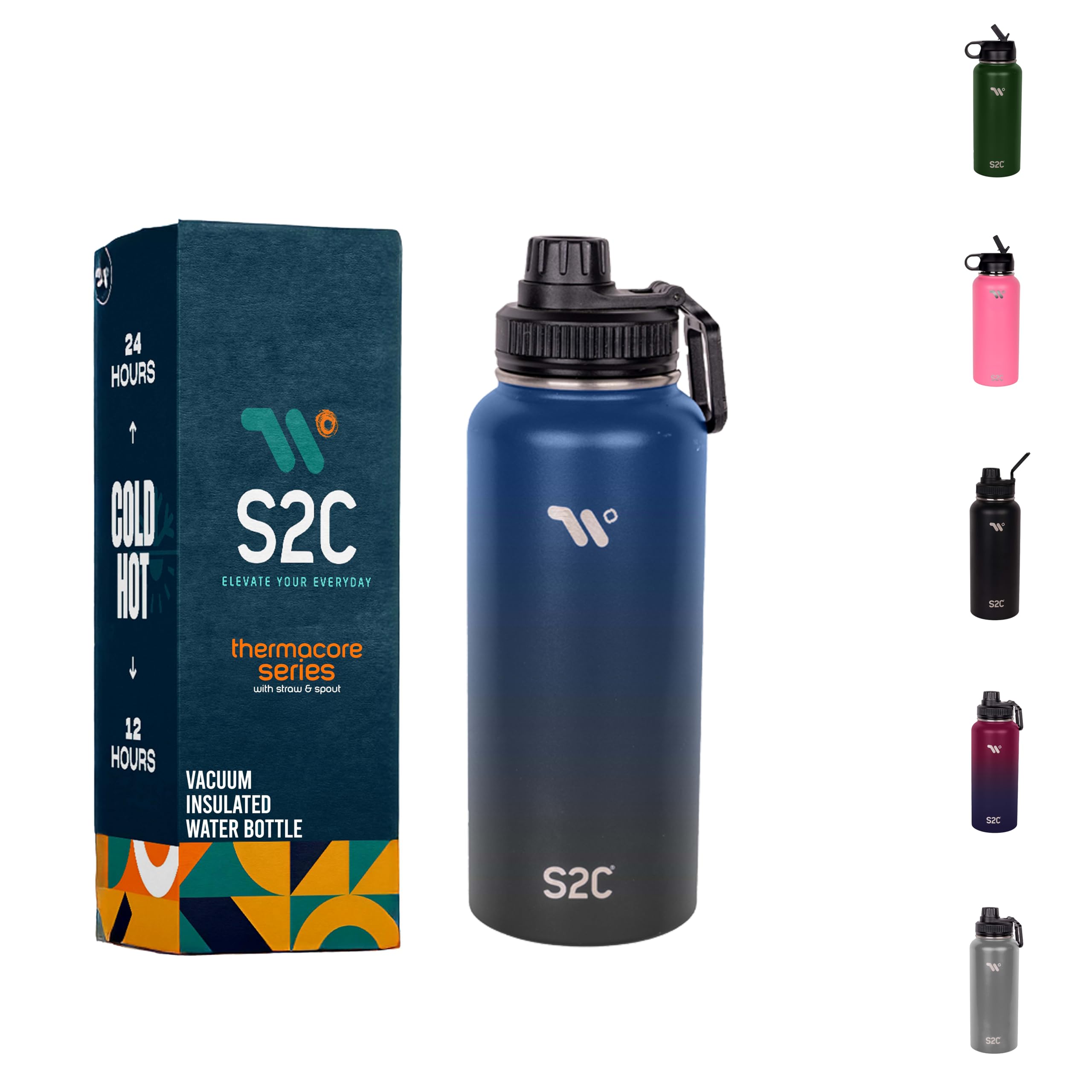 S2C Stainless Steel Water Bottle 1L, 32oz Double Wall Vacuum Insulated Water Bottle, BPA Free with Spout Lid - Thermos Water Flask for Hot Water (DARK NIGHT)