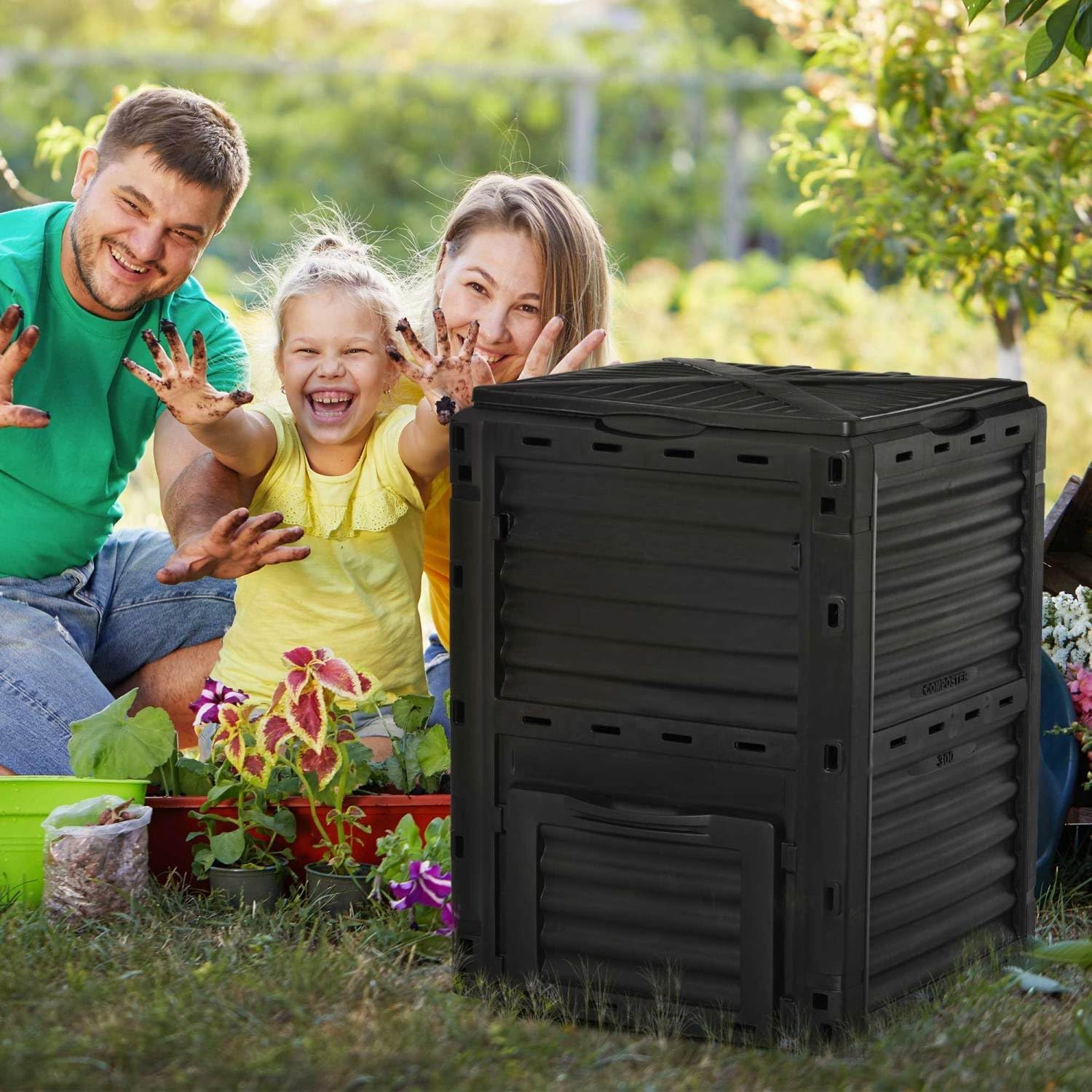 Garden Compost Bin 80 Gallon Outdoor Large Capacity Composter Fast Create Fertile Soil Aerating Box, Easy Assembly, Black