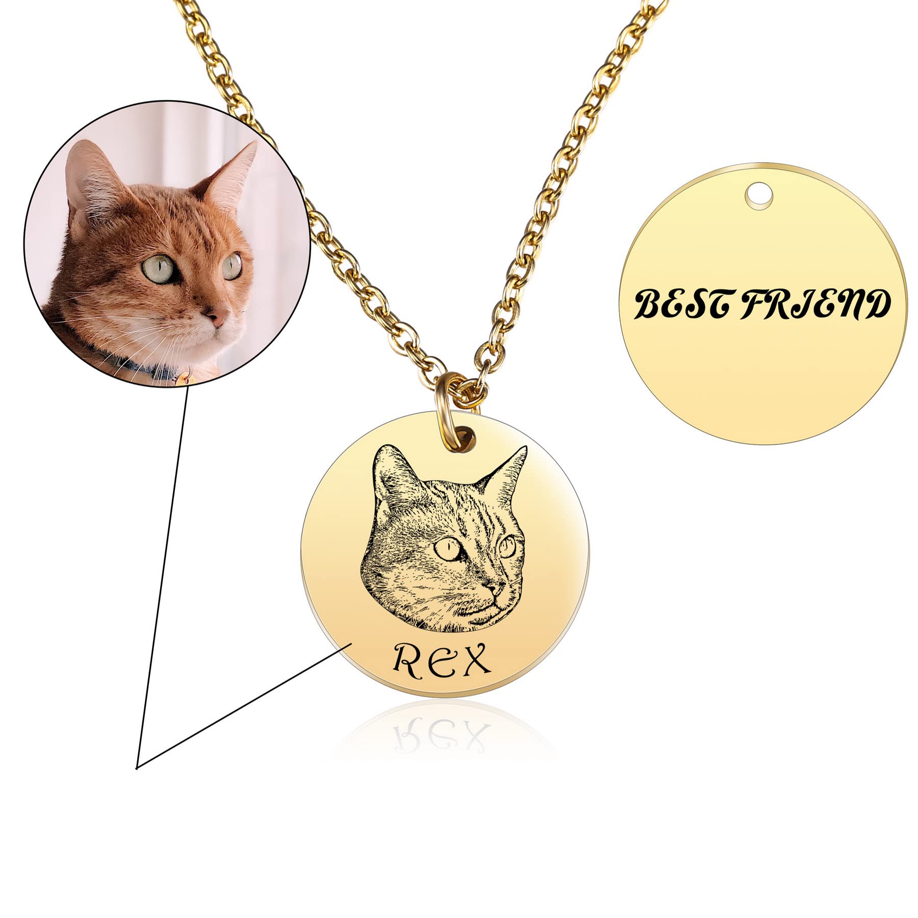 MeMeDIY Customized Necklace of Pet Portrait with Engraving, Personalized Dog/Pet/Cat Memorial Gifts for Her Dog Mom, Pet Loss Gifts for Pet Lovers, Cute Necklace for Women (Gold Color)