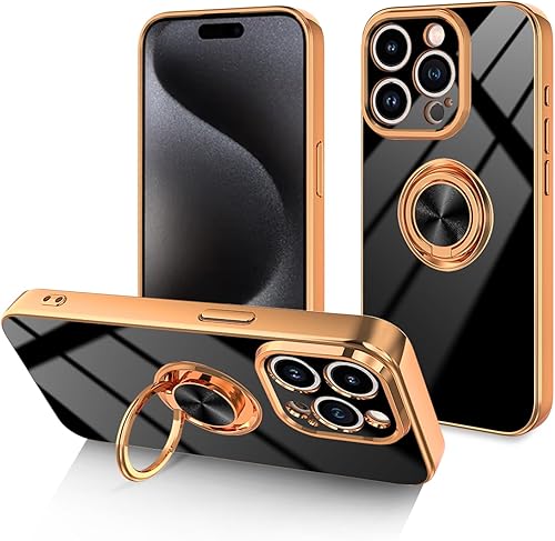 Miniatura 8 de Funda púrpura para iPhone 15 Pro con soporte de anillo con magnético parachoques de TPU suave, cubierta galvanizada dorada con purpurina, funda