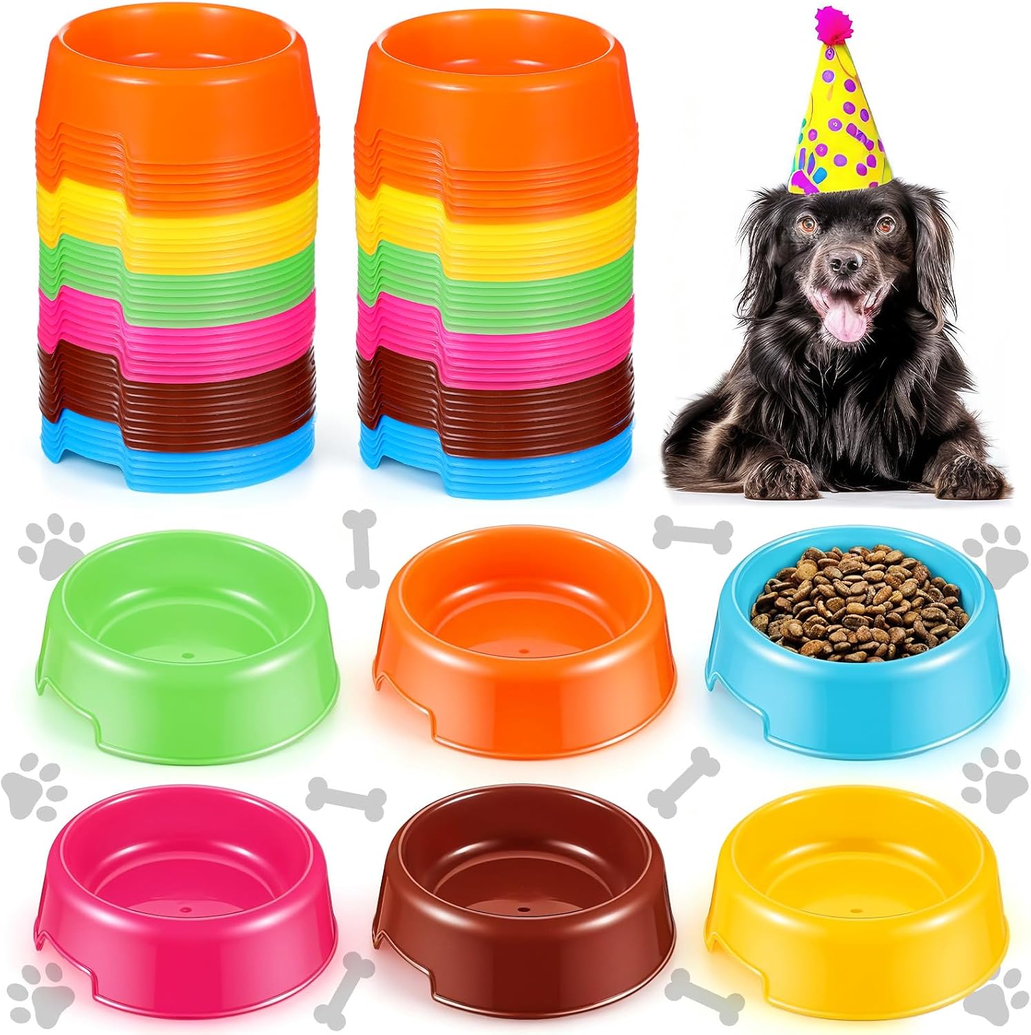 48 Pcs Puppy Dogs Birthday Party Supplies Plastic Dog Bowls Bulk Reusable Food Feeding Water Pet Bowl for Cat Paw Party Favor (6 Colors)