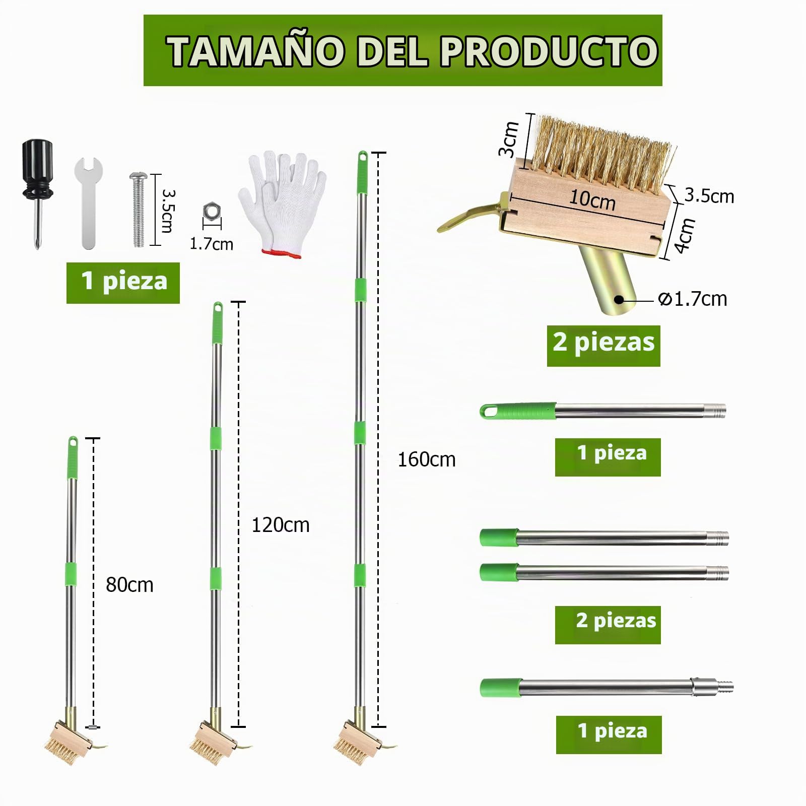 2 Piezas Cepillos de alambre para juntas 10cm Escoba metálica de jardín con 1 set mango telescópico 1,6m Escoba exterior para eliminar musgo, malas hierbas y suciedad en patio,terraza y jardín