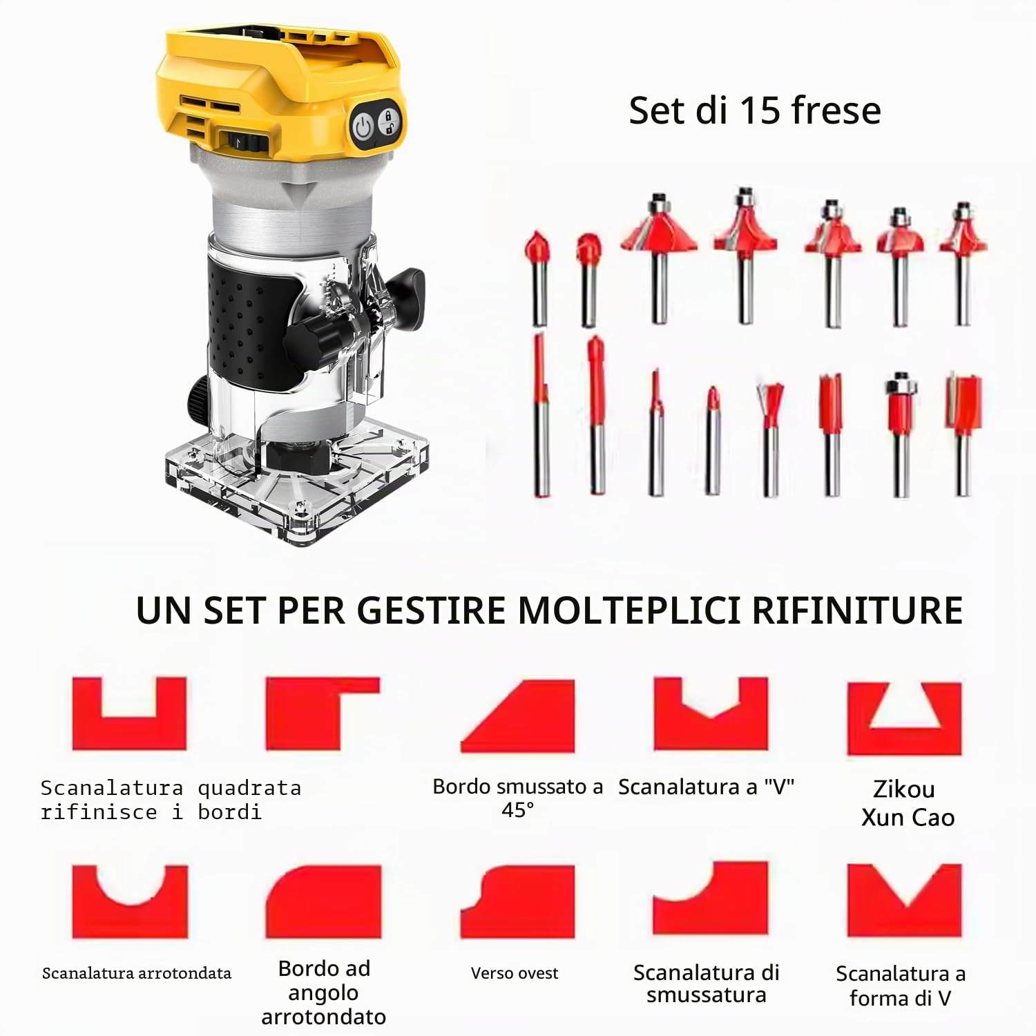Fresatrice Verticale Compatibile con Dewalt 20V Batteria, Fresa Senza Spazzole da 1300W, 6 Velocità Portatile Fresatrice a Mano con Ruota di Guida, Guida Dritta, 15 Frese e 2 Chiavi (Senza Batteria)