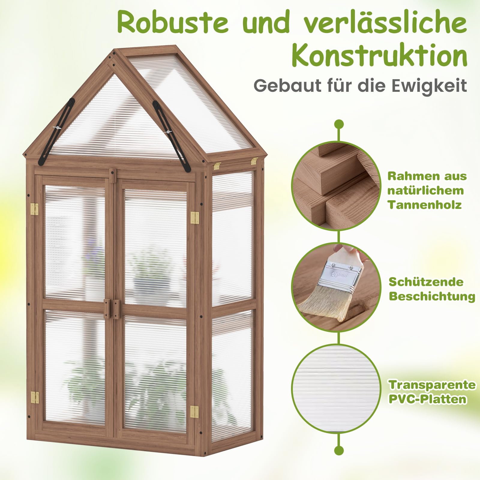COSTWAY Frühbeet Mini Gewächshaus, 3-stöckiges Pflanzenbeet mit aufklappbarem Dach, Anzuchthaus mit 2 Türen, Treibhaus aus Holz & Polycarbonat, Aufzuchtschrank für Balkon Garten, Braun, 71x41x145cm