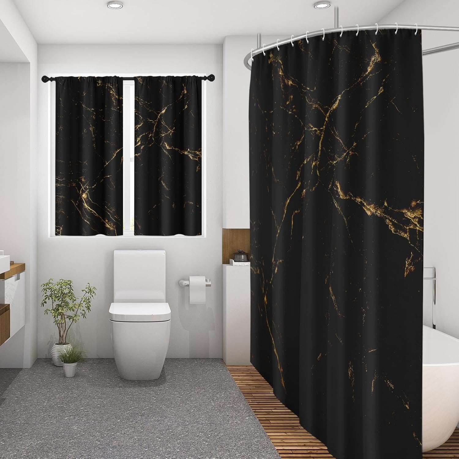 Marble Black Gold Shower Curtain Set, Abstract Art Bathroom Window Waterproof Shower Curtain Set for Bathroom Decor
