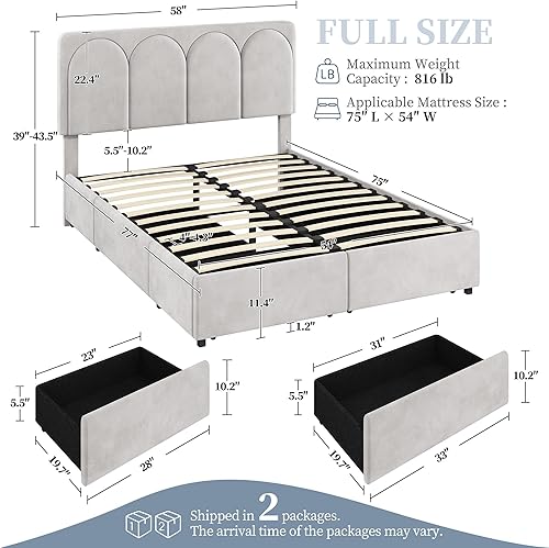 Miniatura 2 de Yaheetech Base de cama tamaño matrimonial con plataforma tapizada con 4 cajones de almacenamiento y cabecera ajustable, cabecera copetuda con canal