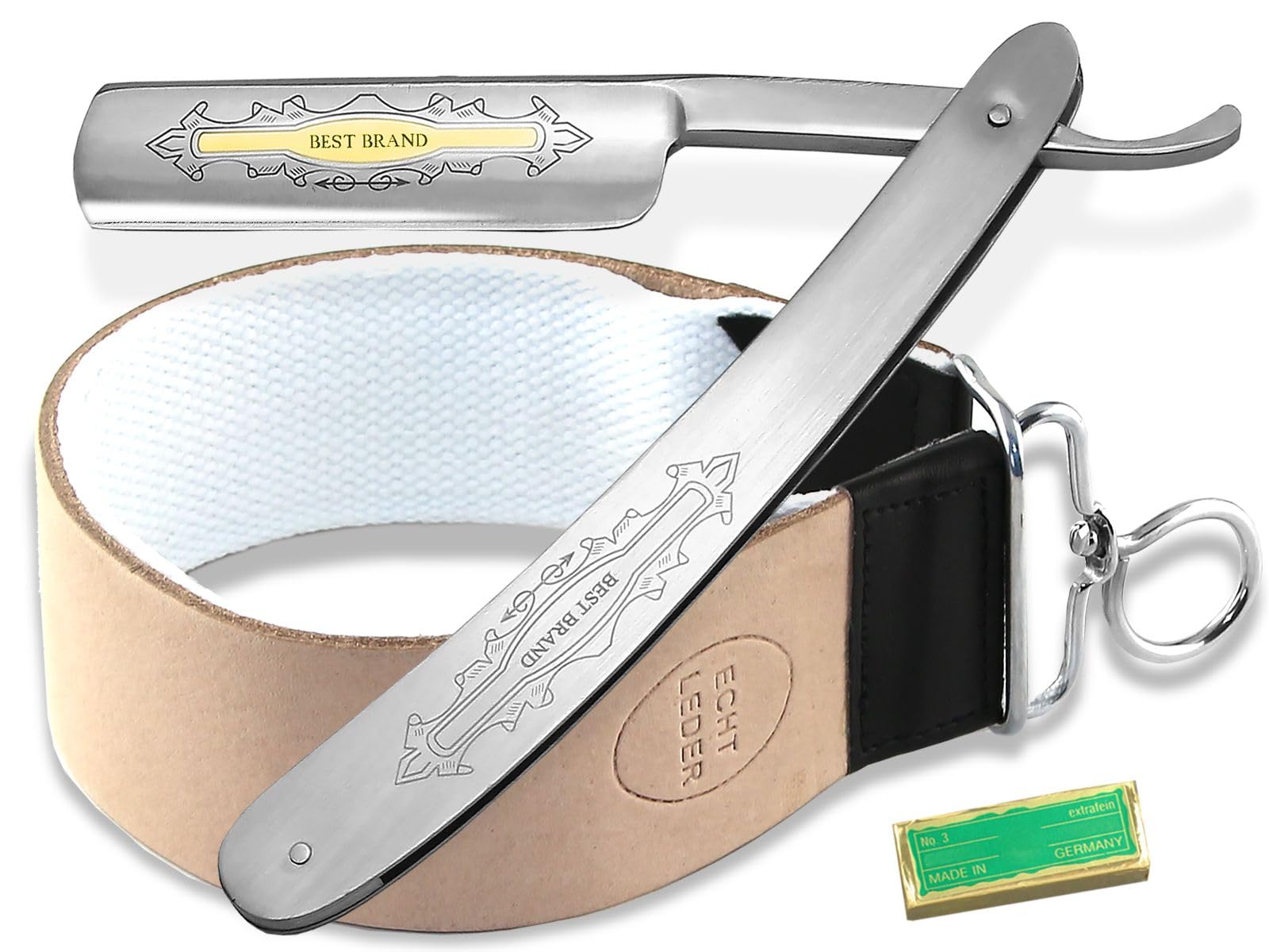 Rasiermesser Set Geschenk Herren mit Rasiermesser, Paste und Abziehriemen | Rasier-Set für Männer Profi Kombi aus Streichriemen Leder Baumwolle, Edelstahl Bartmesser und Solinger Pflege Paste