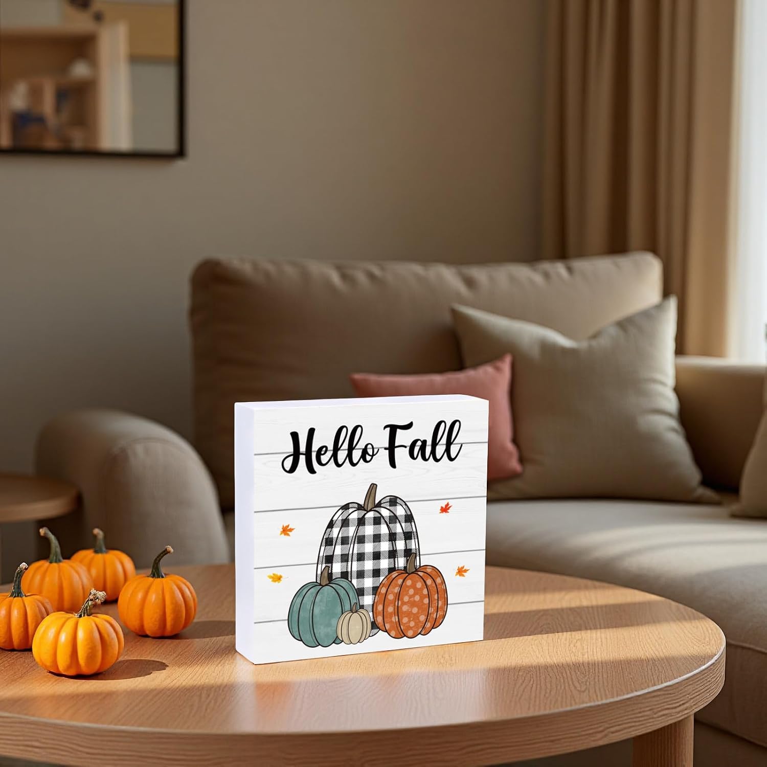 Fall Decorations for Home Fall Decor Home Room Pumpkins Harvest Table Wood Box Sign Rustic Wooden Shelf Desk Office Decor Season Sign House Warming Gifts 5.9 x 5.9 Inch