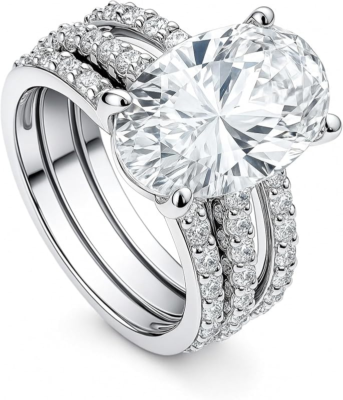 BERRICLE Sterling Silver Oval Cut CZ Wedding Engagement Rings for Women, Cubic Zirconia Solitaire Ring 5.5 Carat, 1-3 Piece Set