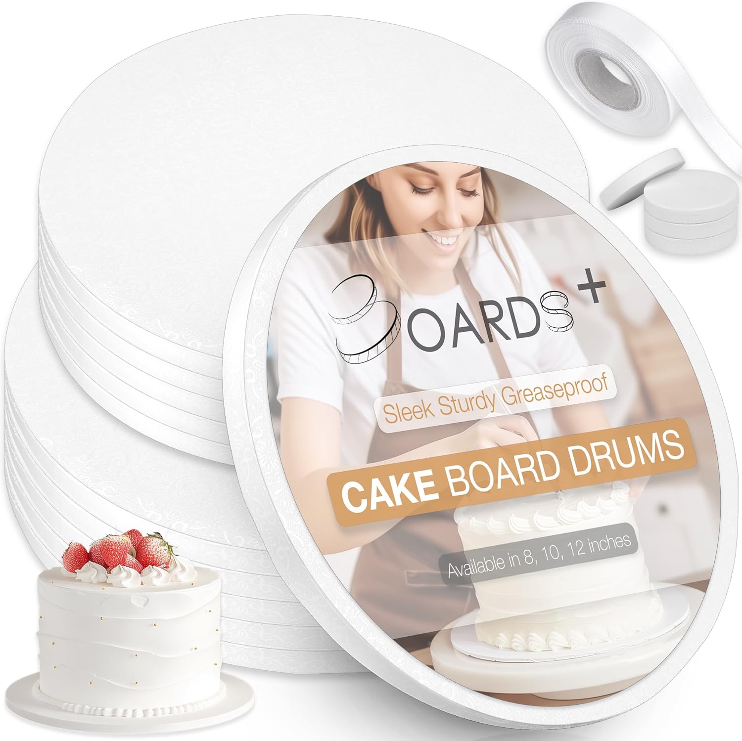 BOARDS+ Sleek Cake Drum 10 & 12 Inch (2 Sizes, 14 Pack Total) | Free Prop Up Tool & Matching Ribbon | 1/2" Thick Rounds | Sturdy & Greaseproof Cake Circles For Presenting Heavy/Tiered Cakes