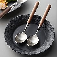 Vista 5 de Cuchara de mango de madera retro, cucharadas de servir de acero inoxidable, cuchara de madera, cubiertos plateados con mango marrón, 4 unidades.