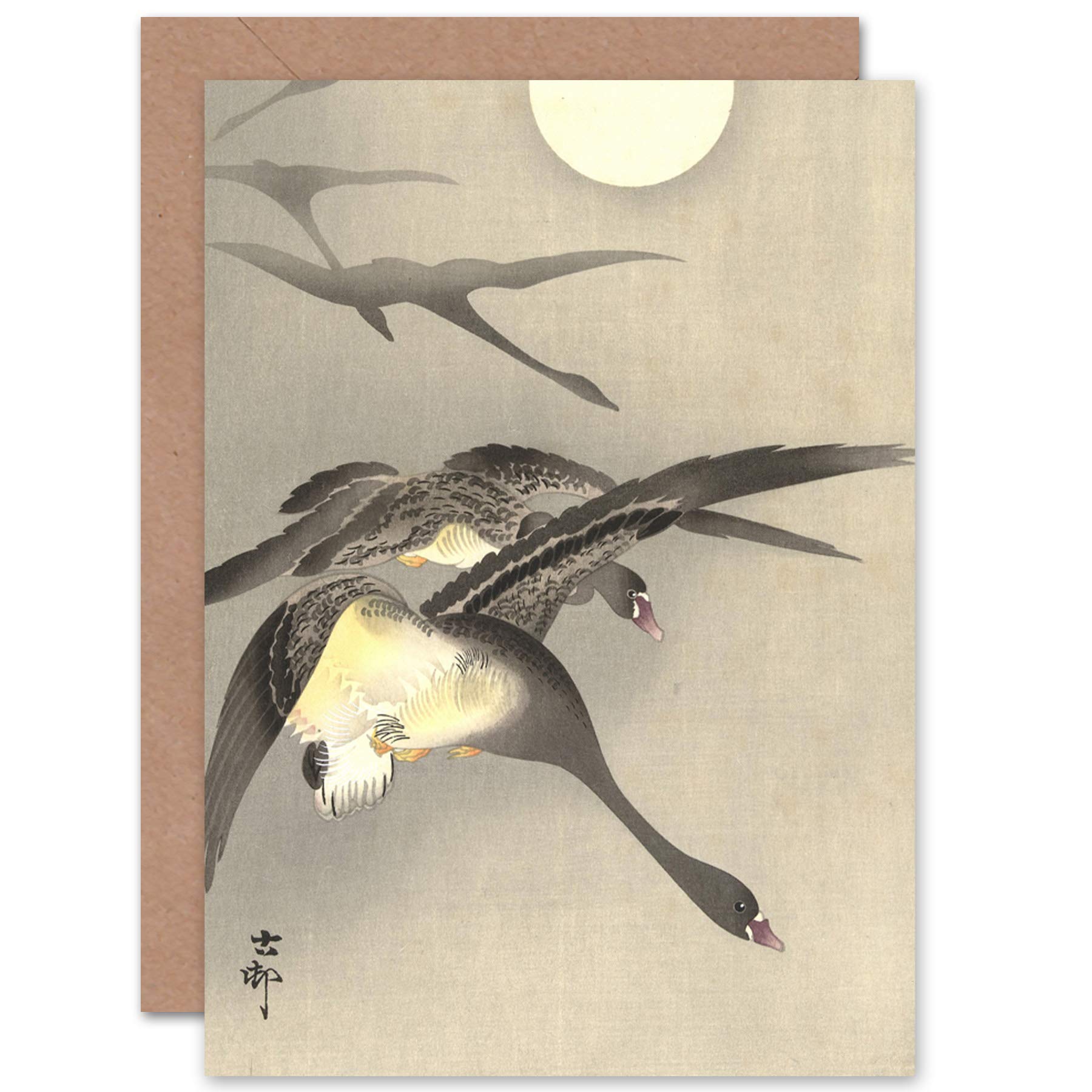 Artery8 - Greeting Card - Ohara Koson Geese At Full Moon Japan Painting - Beige