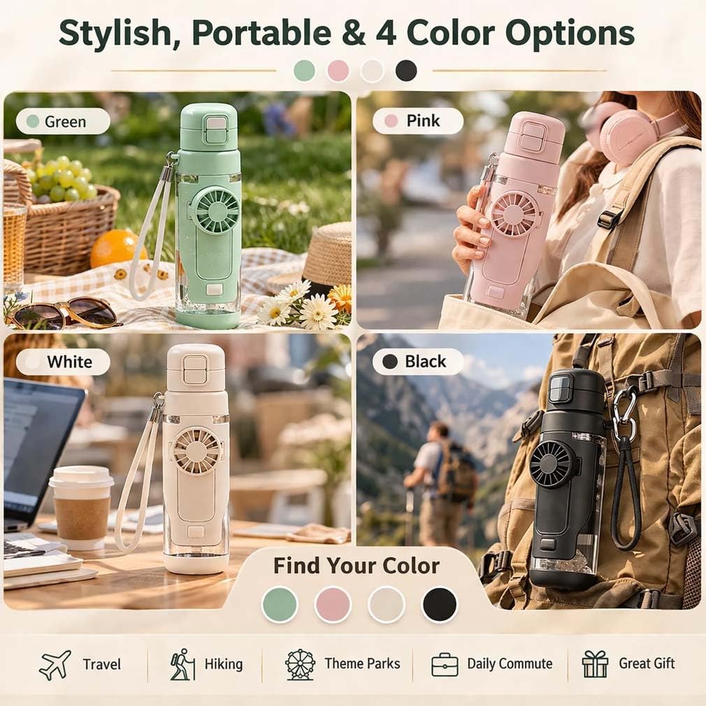 2-in-1 Water Bottle with Built-in Foldable Fan,Tragbare Doppel-Trinkflasche Kühlfunktion Wasserflasche mit Ventilator 3 Geschwindigkeitsstufen,Tragbarer Ventilator Trinkflasche für Reisen (Weiß)