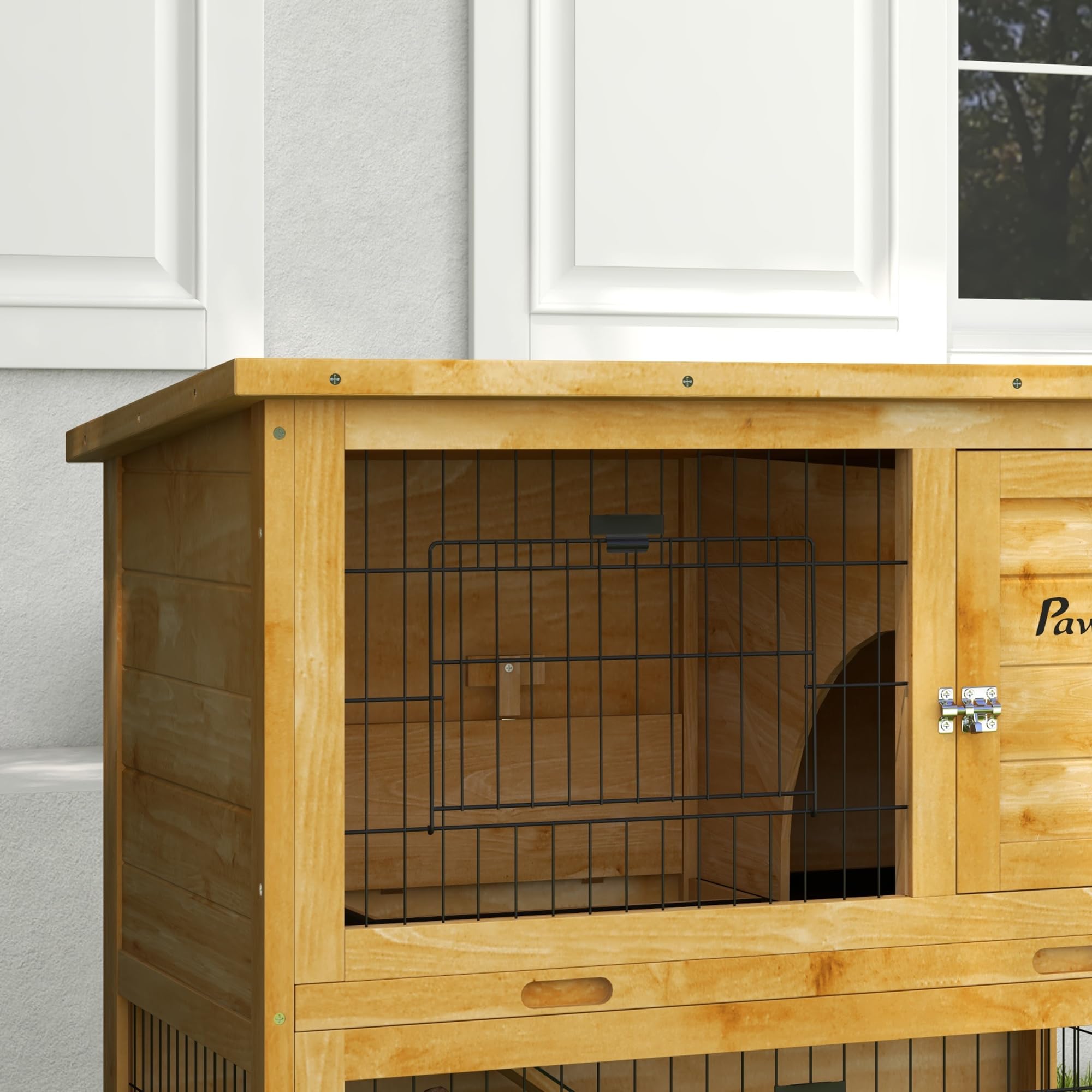 PawHut Conigliera a 2 Piani con 3 Porte con Serratura, Rampa Scorrevole e Tetto in Asfalto, Legno Massiccio, per Conigli, 85 x 50 x 80 cm, Giallo