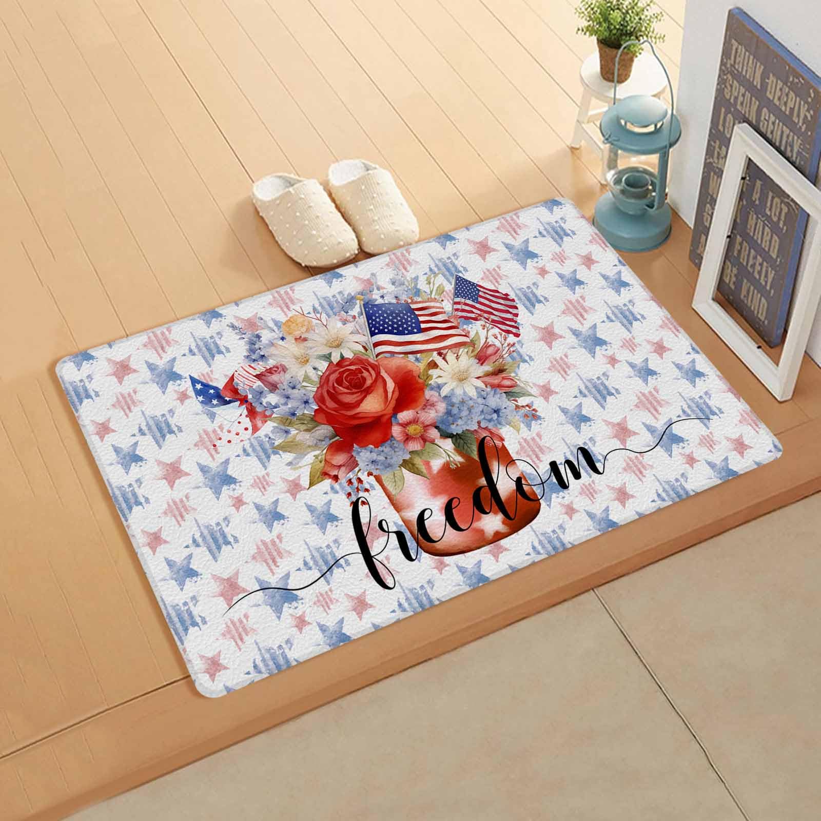 Stripes Stars Flag Antifatigue Kitchen Bath Door Mat Cushioned Runner Rug,Washable Welcome Floor Sink Mat,Waterproof & Non-Slip Standing Doormat for Kitchen,4th of July Spring Summer Floral 18