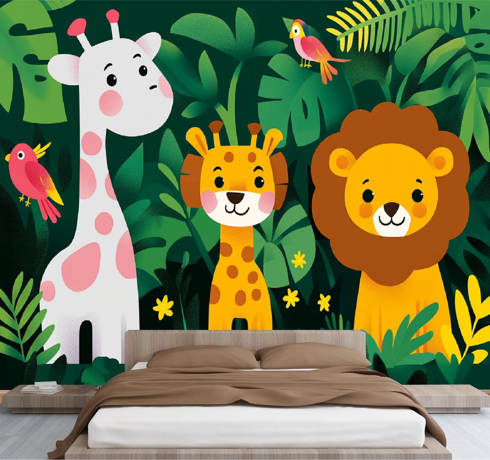 Mural de pared Jirafa León Papel pintado fotográfico grande Plantas De La Jungla Vinilos murales impermeables para dormitorio infantil guardería decoración de fiesta 200x140cm
