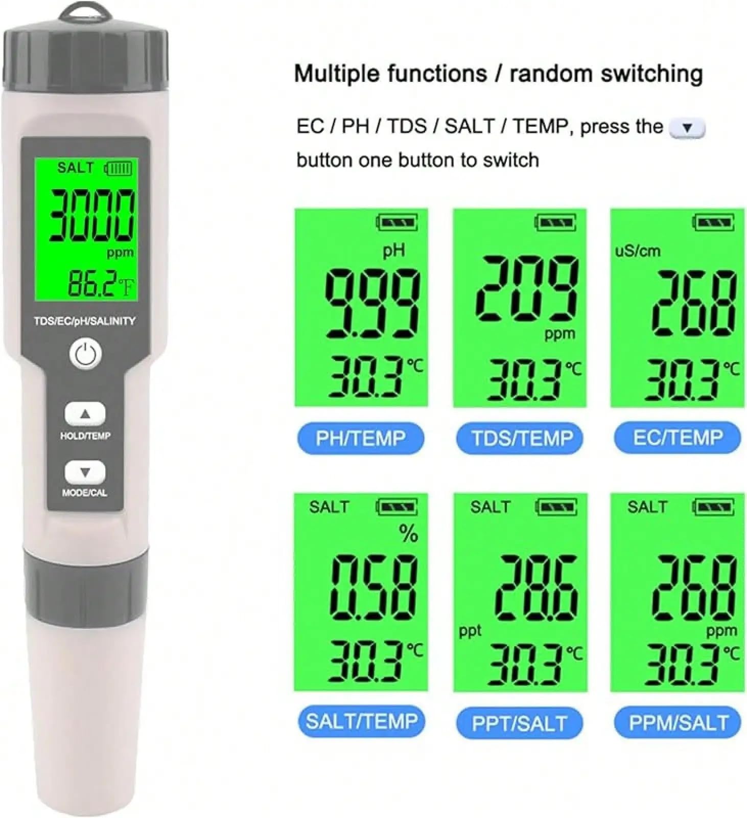 Testeur de sel numérique for Aquarium, salinomètre 5 en 1 avec pH, TDS, EC et température, Outil Test précis for Piscine Eau salée Précision portative