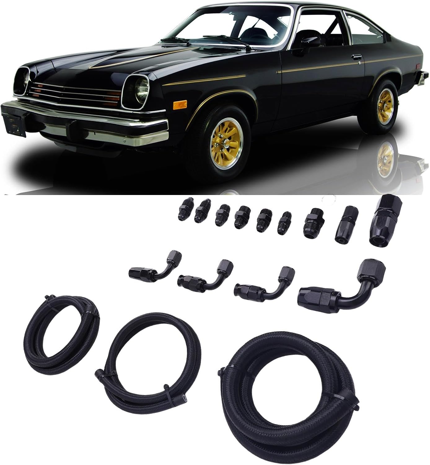 Jonlaki Power Steering Hose Kit, Universal Nylon Stainless Steel Fittings for Remote Reservoir Tank, with AN Adapters for Most Common Applications