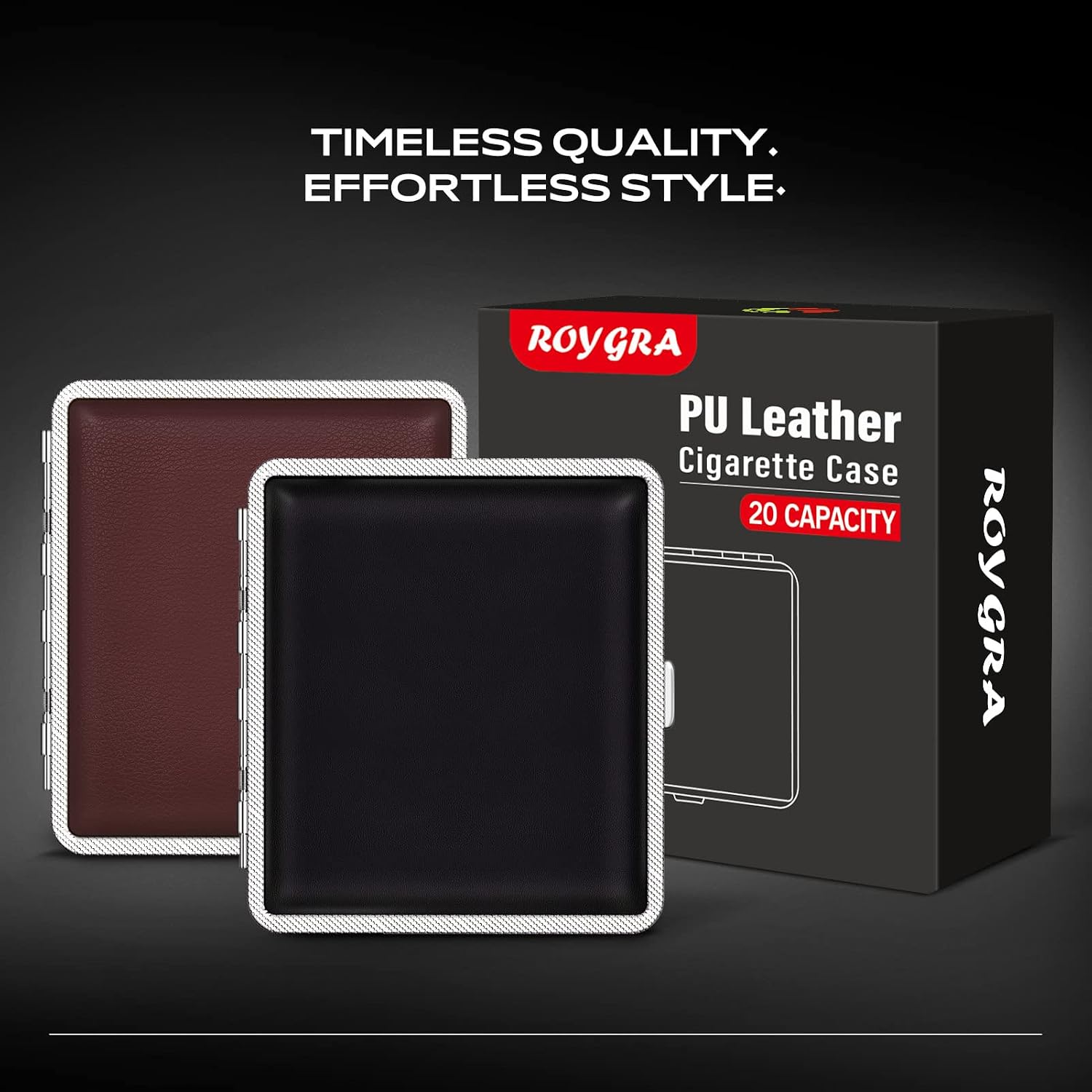 roygra Cigarette Case, Metal with Leather Surface, 20 Capacity - 2 Pack (Black + Brown, 85mm King Size)
