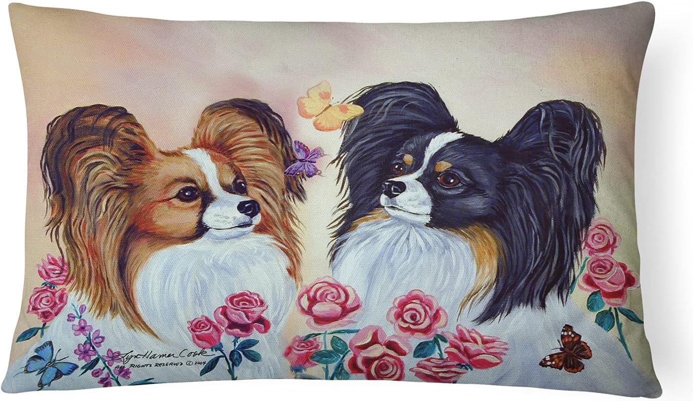 Caroline's Treasures 7272PW1216 Papillon Canvas Fabric Decorative Pillow Machine Washable, Indoor Outdoor Decorative Pillow for Couch, Bed or Patio, 12HX16W