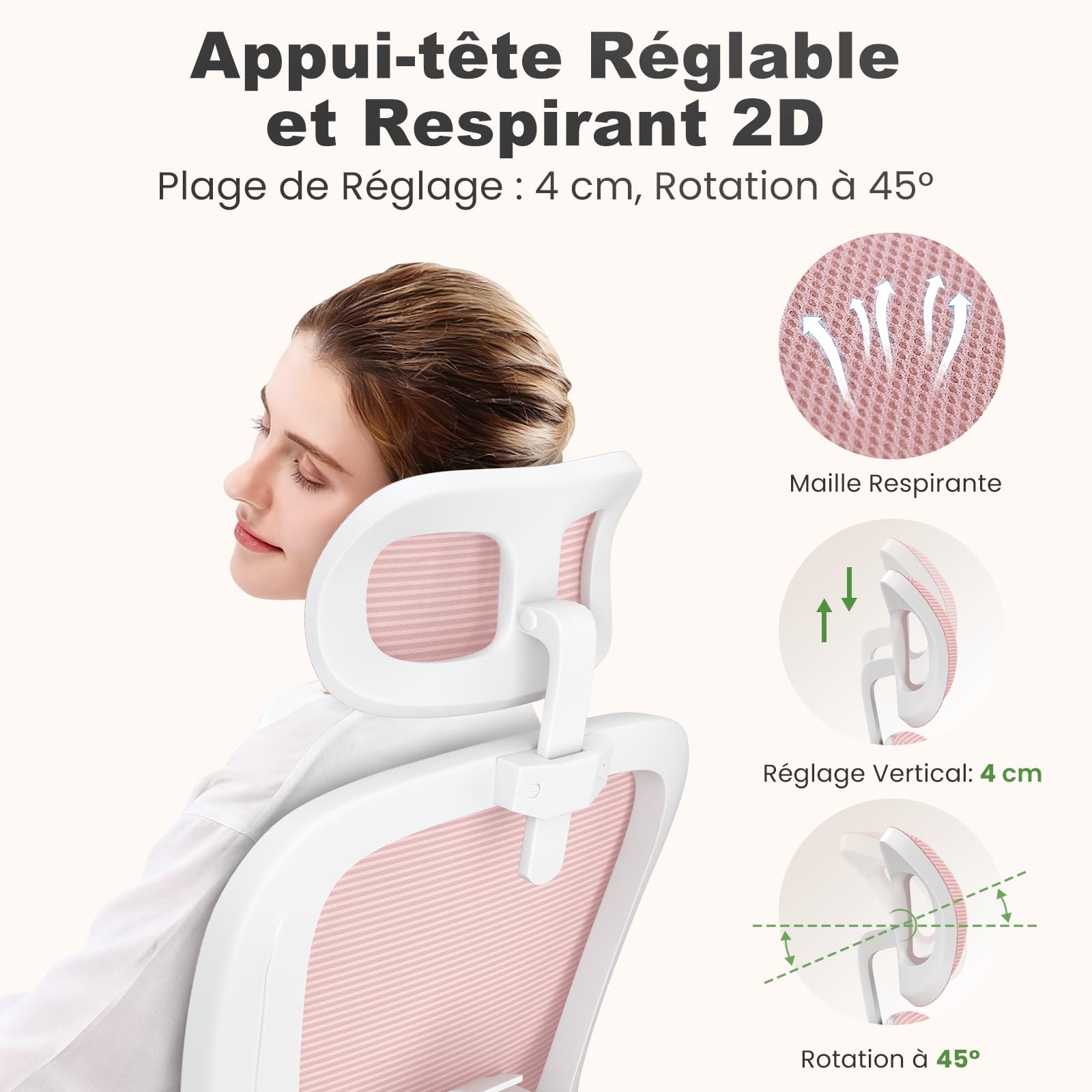 rattantree Chaise de Bureau,Fauteuil Bureau Soutien Lombaire Réglables,Rose
