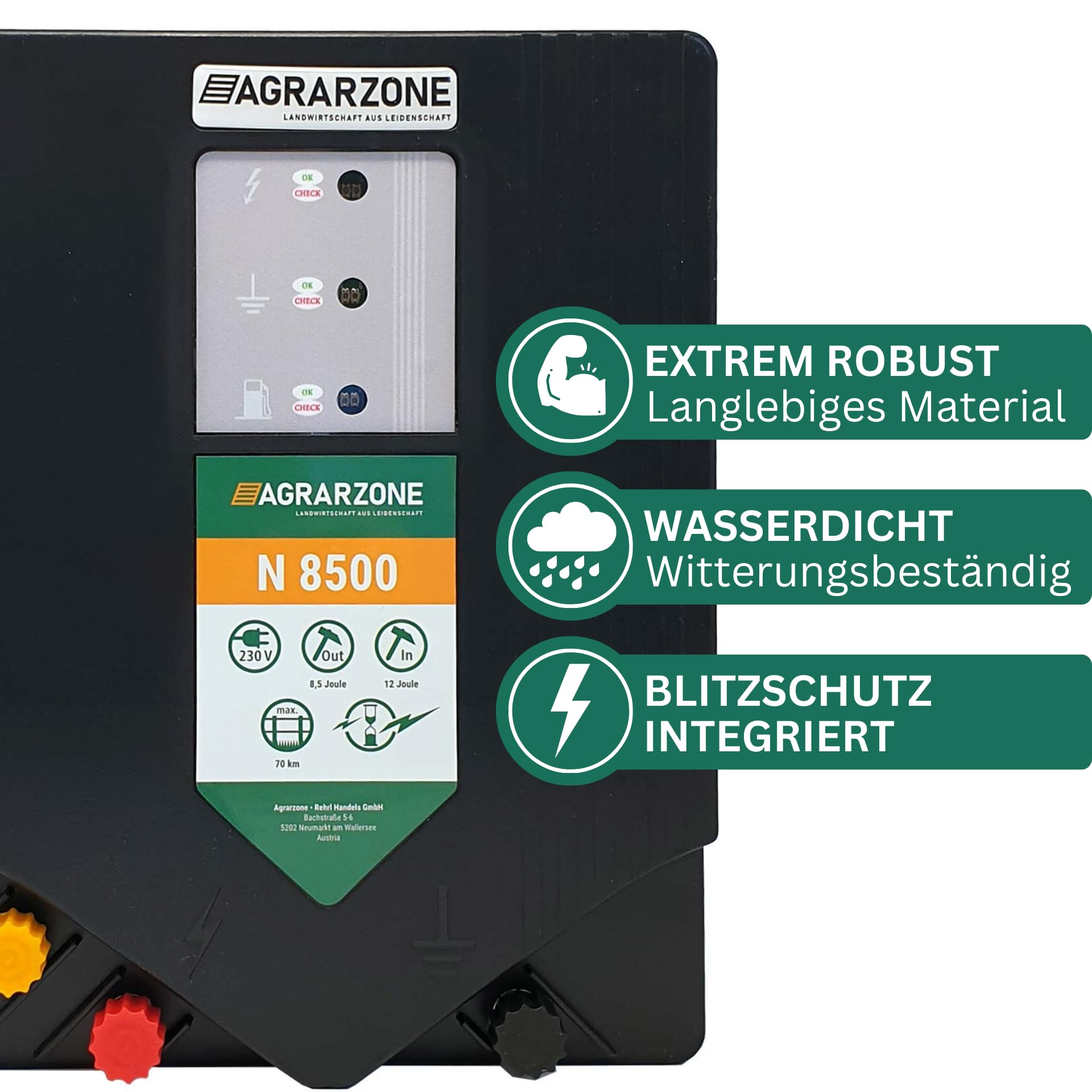 Agrarzone N8500 Weidezaungerät 230V, 12 Joule - Extra Starkes Elektrozaun Gerät 10.000V - LED-Kontrolle - Hohe Hütesicherheit für Pferde, Rinder, Schafzaun, Weidezaun