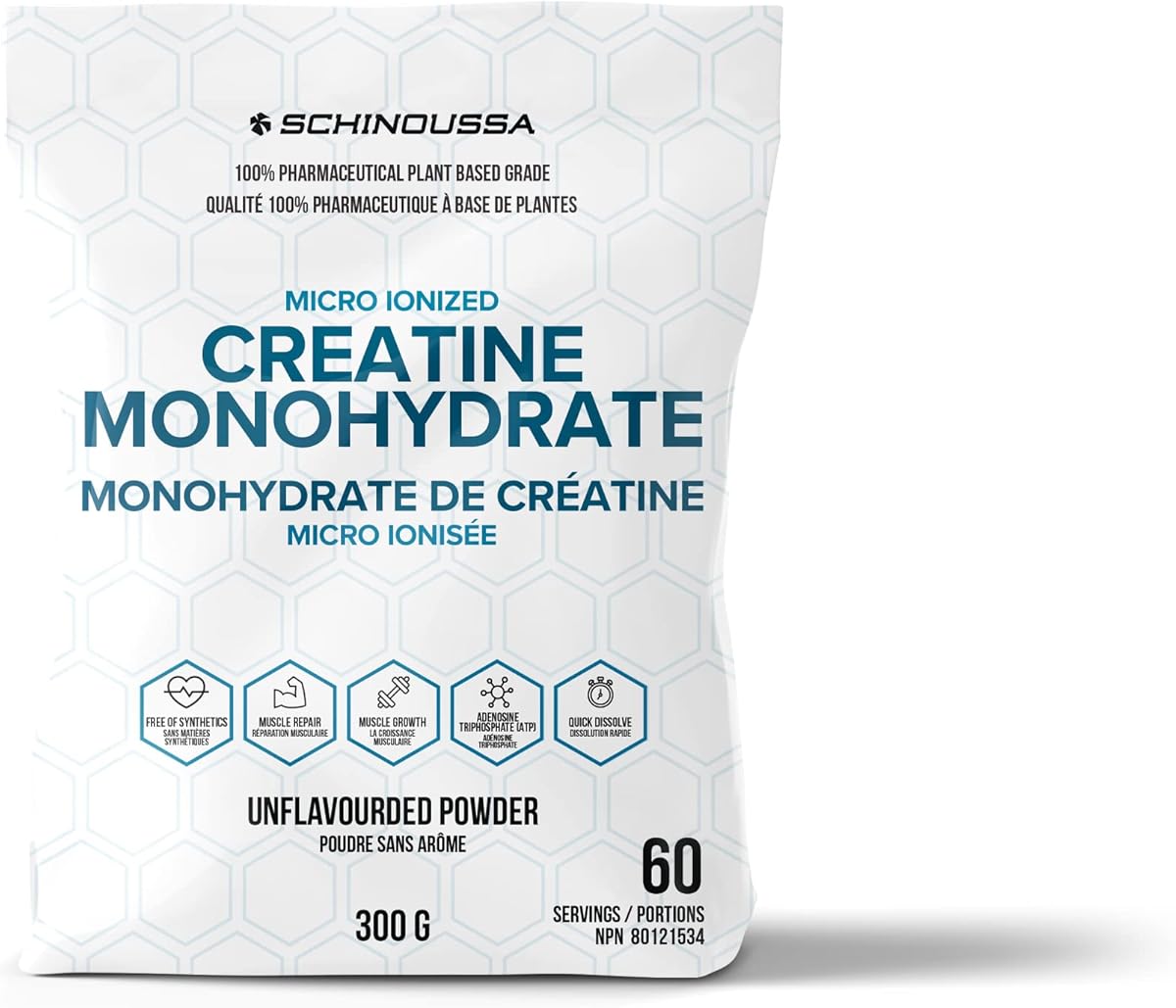schinoussa Schinoussa Pure Creatine Monohydrate Powder, Made in Canada, Micronized Powder, For Muscle Growth, Strength & Performance | Unflavored, Ideal for Athletes & Fitness Enthusiasts, Third party lab tested 300g - Pure Creatine.